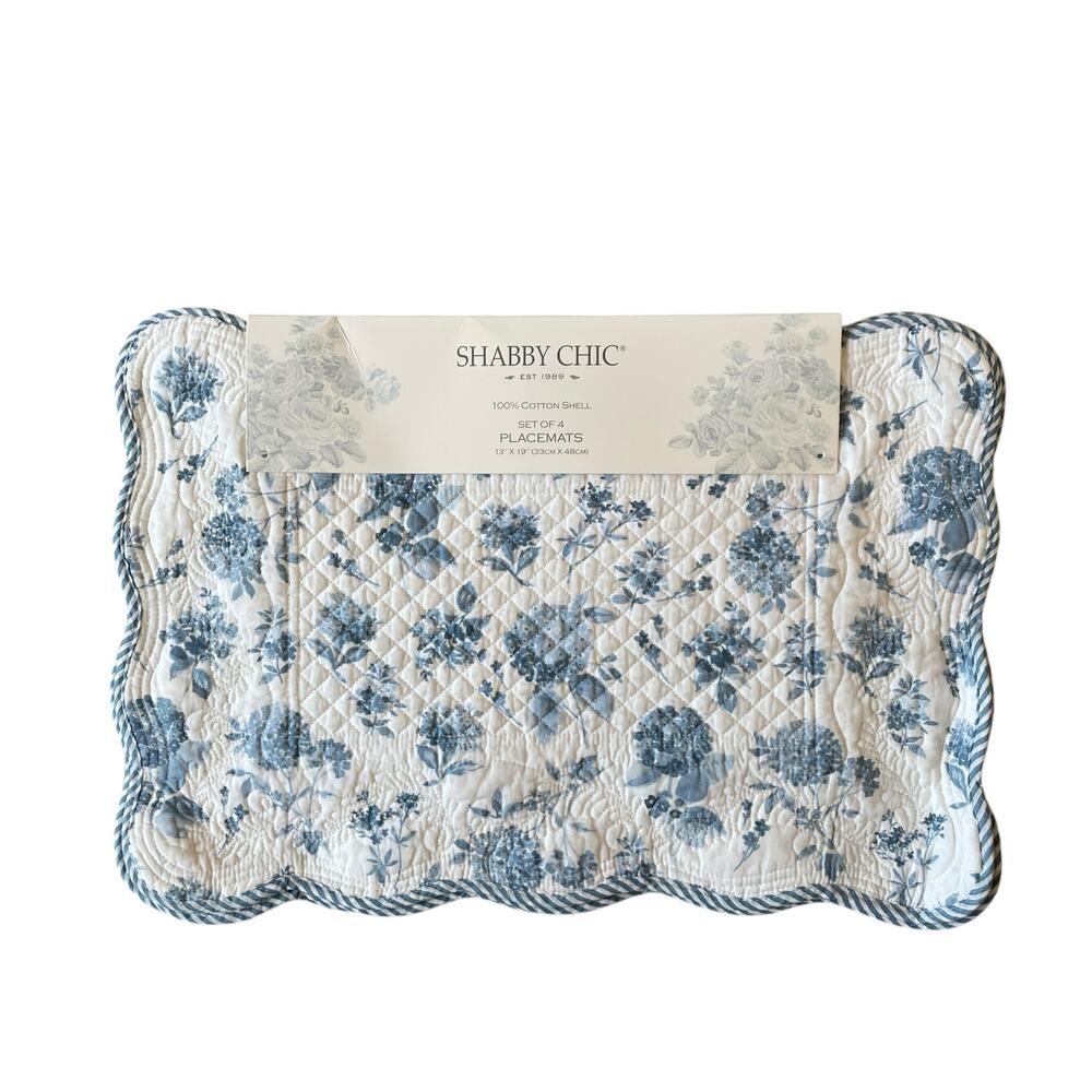 Shabby Chic Placemats Blue Hydrangea Reverse Stripes 13x19 Set of 4 Cotton NEW - Picture 13 of 15
